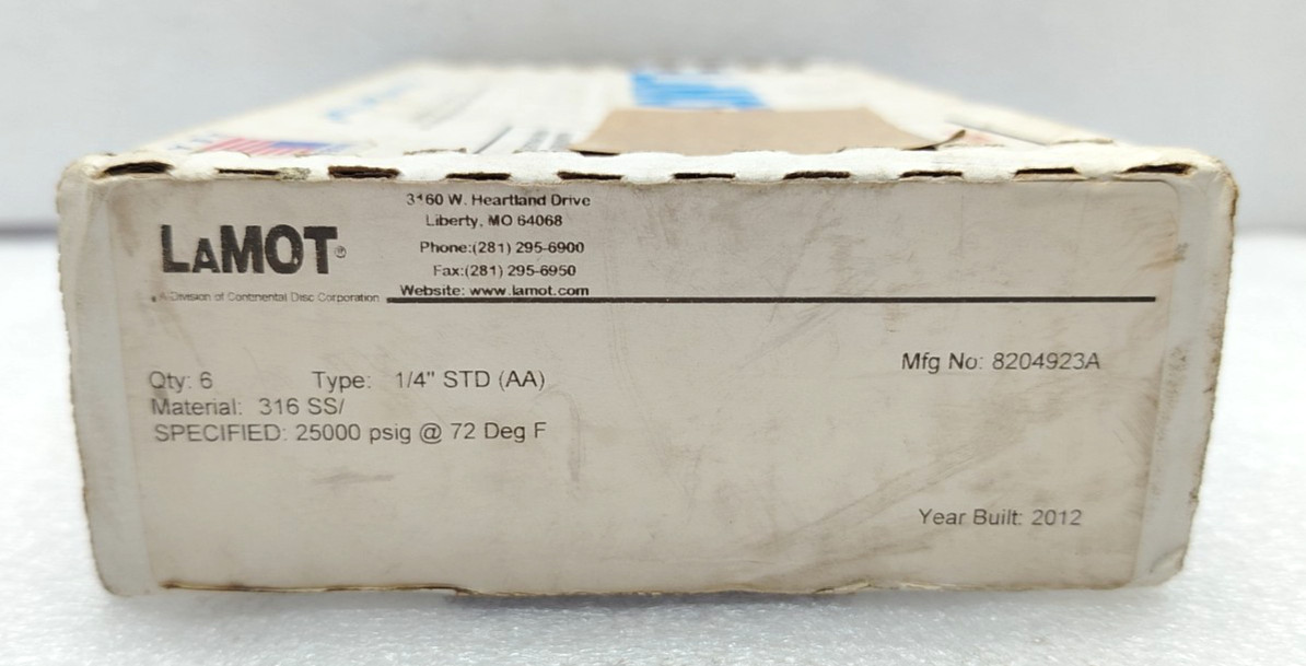 LAMOT 1/4″ STD (AA) 25000 PSIG @ 72 DEG F 316 SS RAPTURE PRESSURE DISC 6 QTY NEW