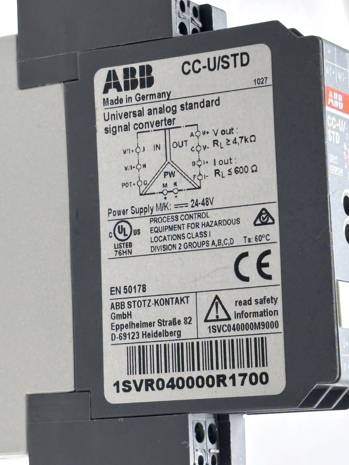 NEW ABB CC-U/STD UNIVERSAL ANALOG SIGNAL CONVERTER 110-240VAC 1svr040000r1700