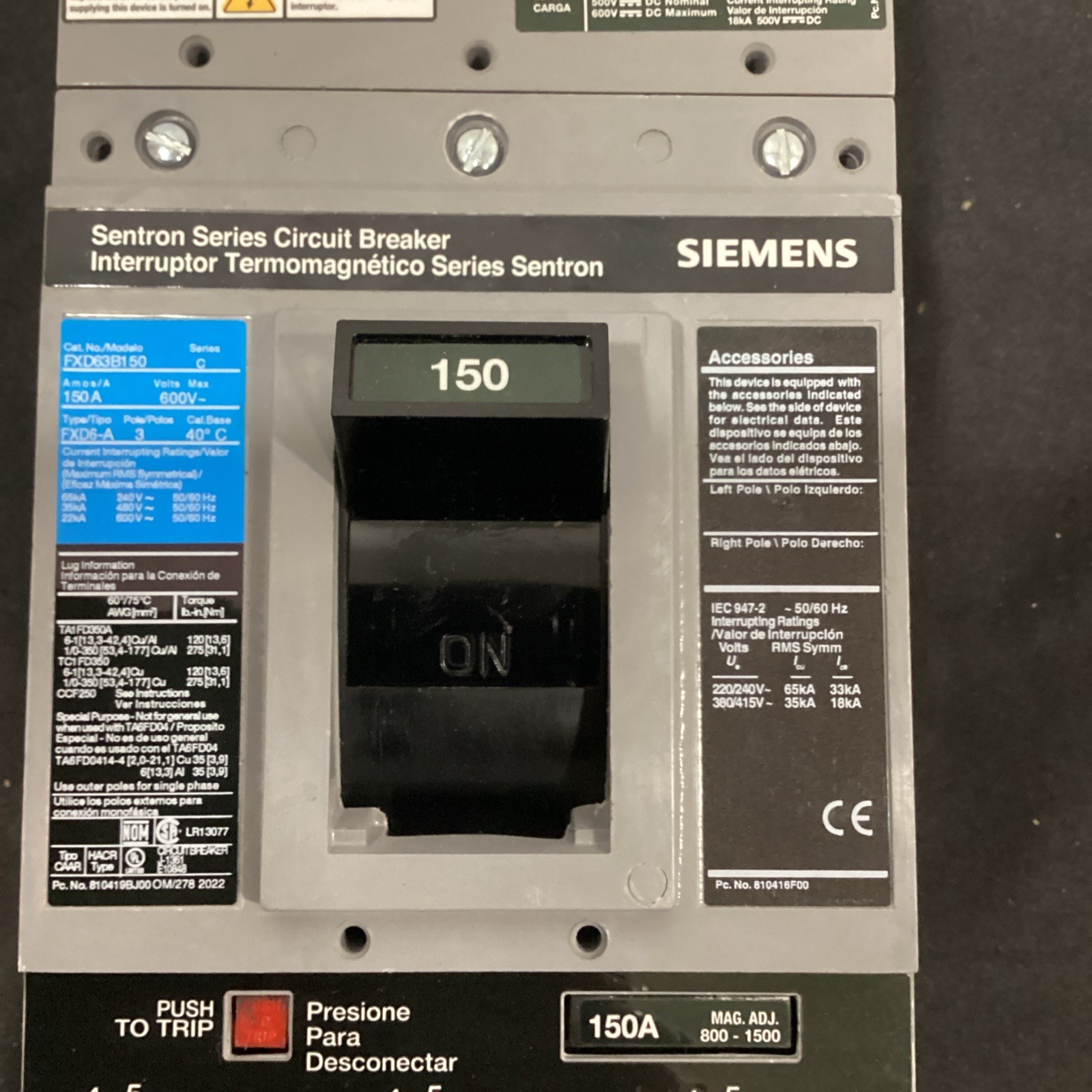 Siemens Sentron Molded Case 600V 150A Circuit Breaker FXD63B150