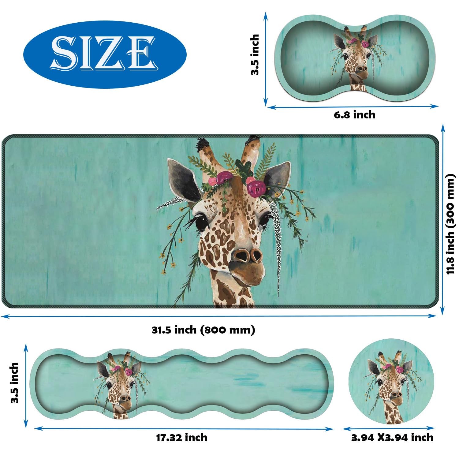 4 in 1 Mouse Pad Combo, Large Gaming Large, Giraffe With Floral Headgear
