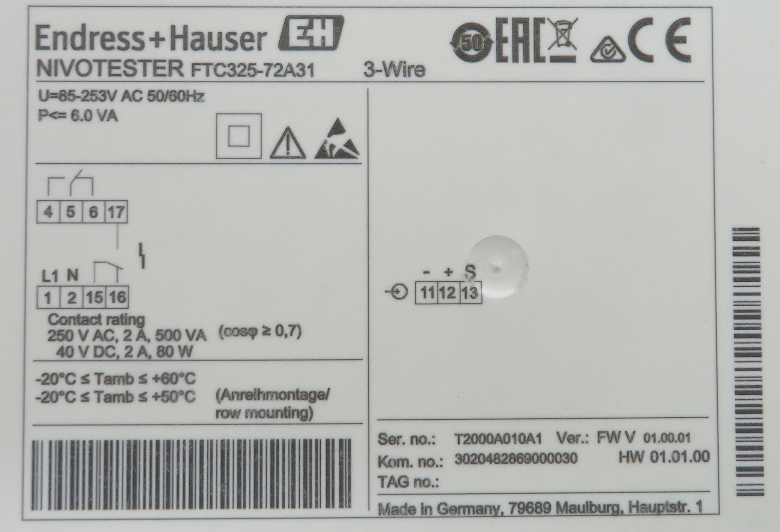 ENDRESS+HAUSER Nivotester FTC325-72A31 3-Wire Capacitive Limit Switch 3-Wire
