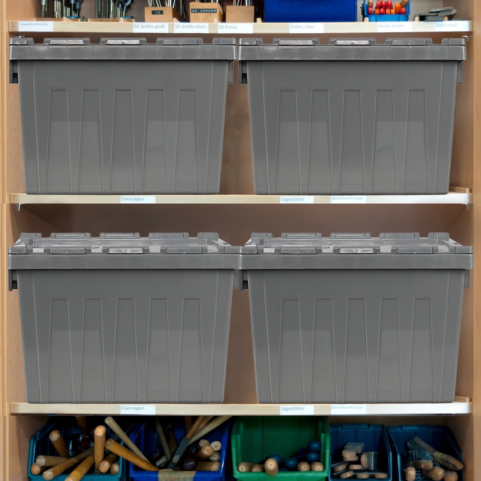 15 Gal Commercial Heavy Duty Plastic Storage Tote w/ Hinged Attached Lid 4-Packs