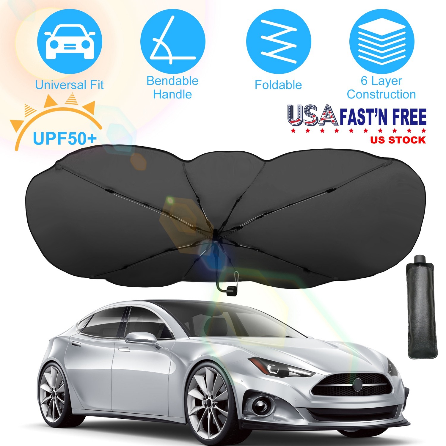 57x33In Foldable Car Sun Umbrella For Car Truck SUV Silver Titanium w/Bag