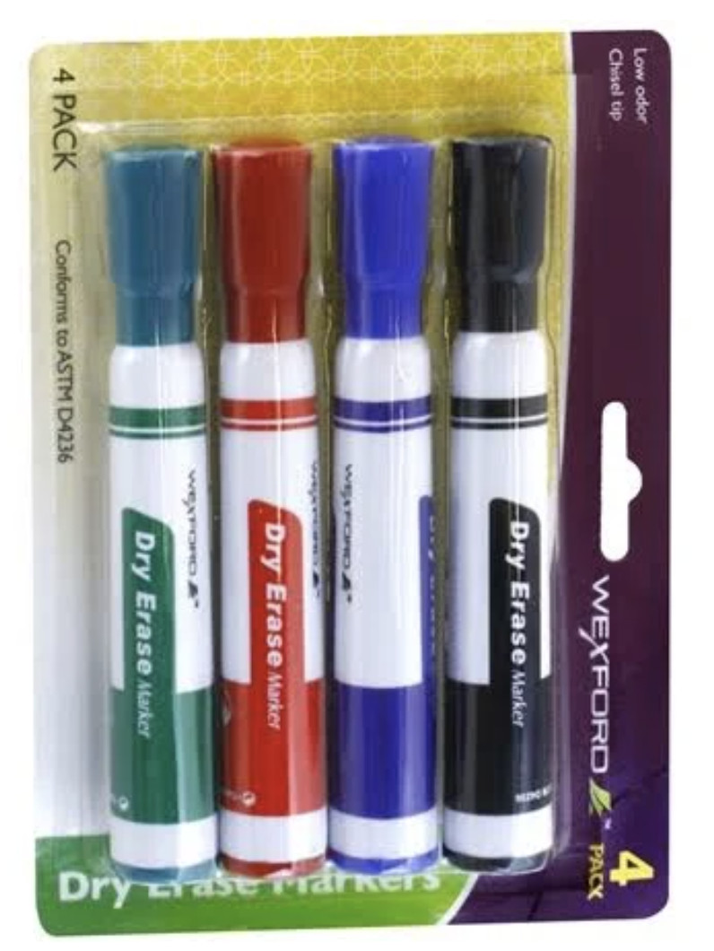 Wexford Dry Erase Markers 4-pc Set black, blue, green, red NEW