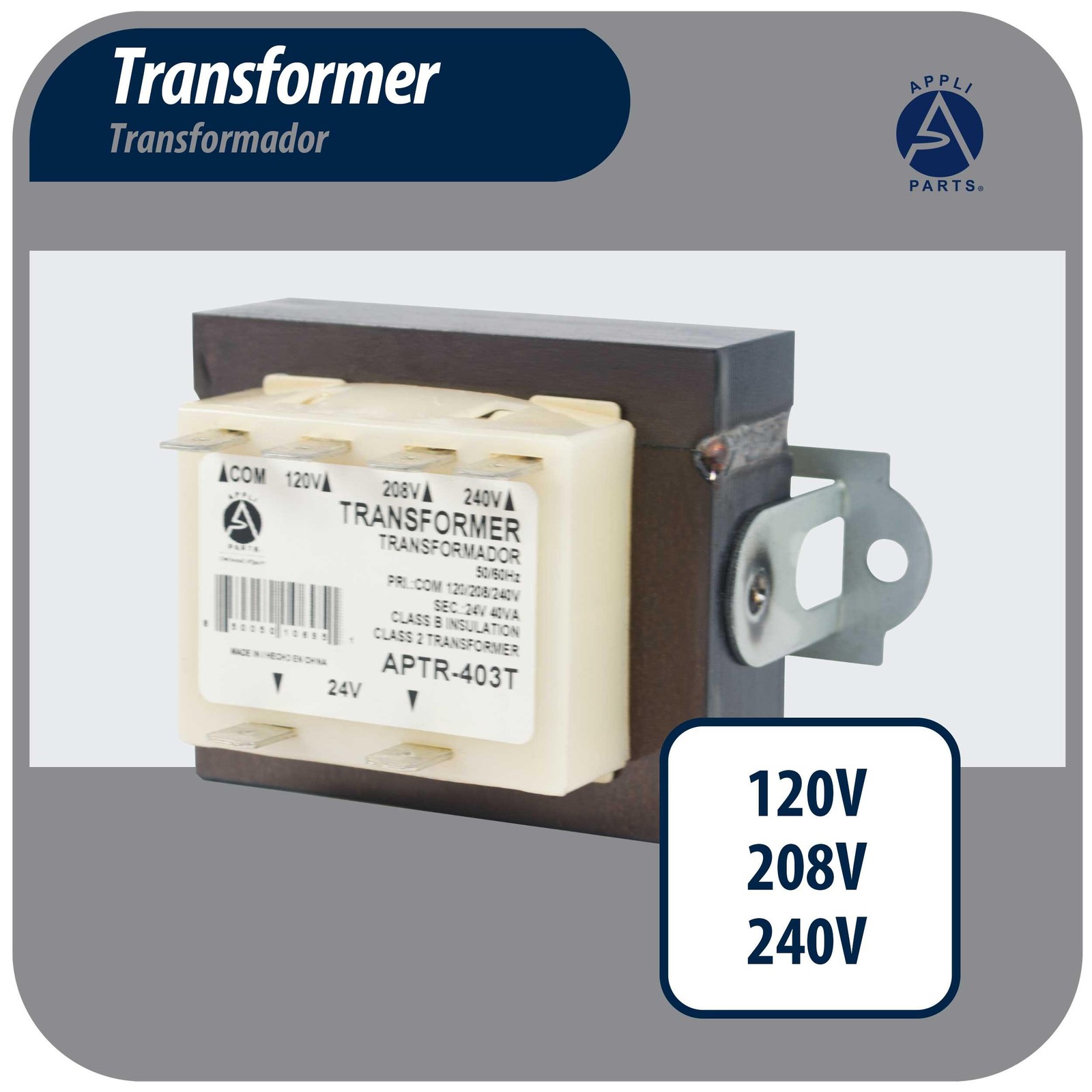 Appli Parts APTR-403T Transformer 120, 208, 240 V to 24 V, 40 Va Foot Mount 1/4