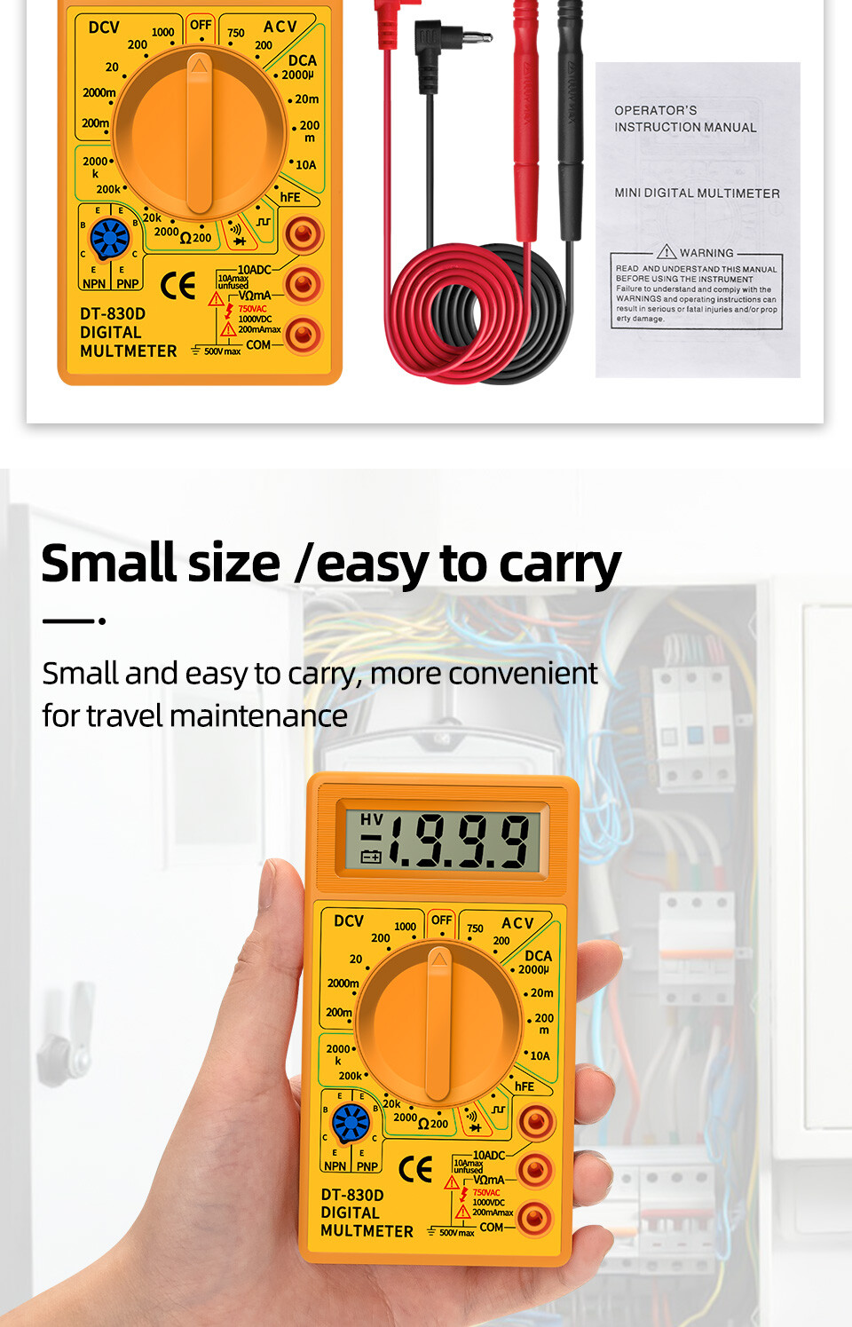 DT830D Mini Digital Multimeter Voltmeter Voltage Ampere Ohm Tester DC AC Ammeter