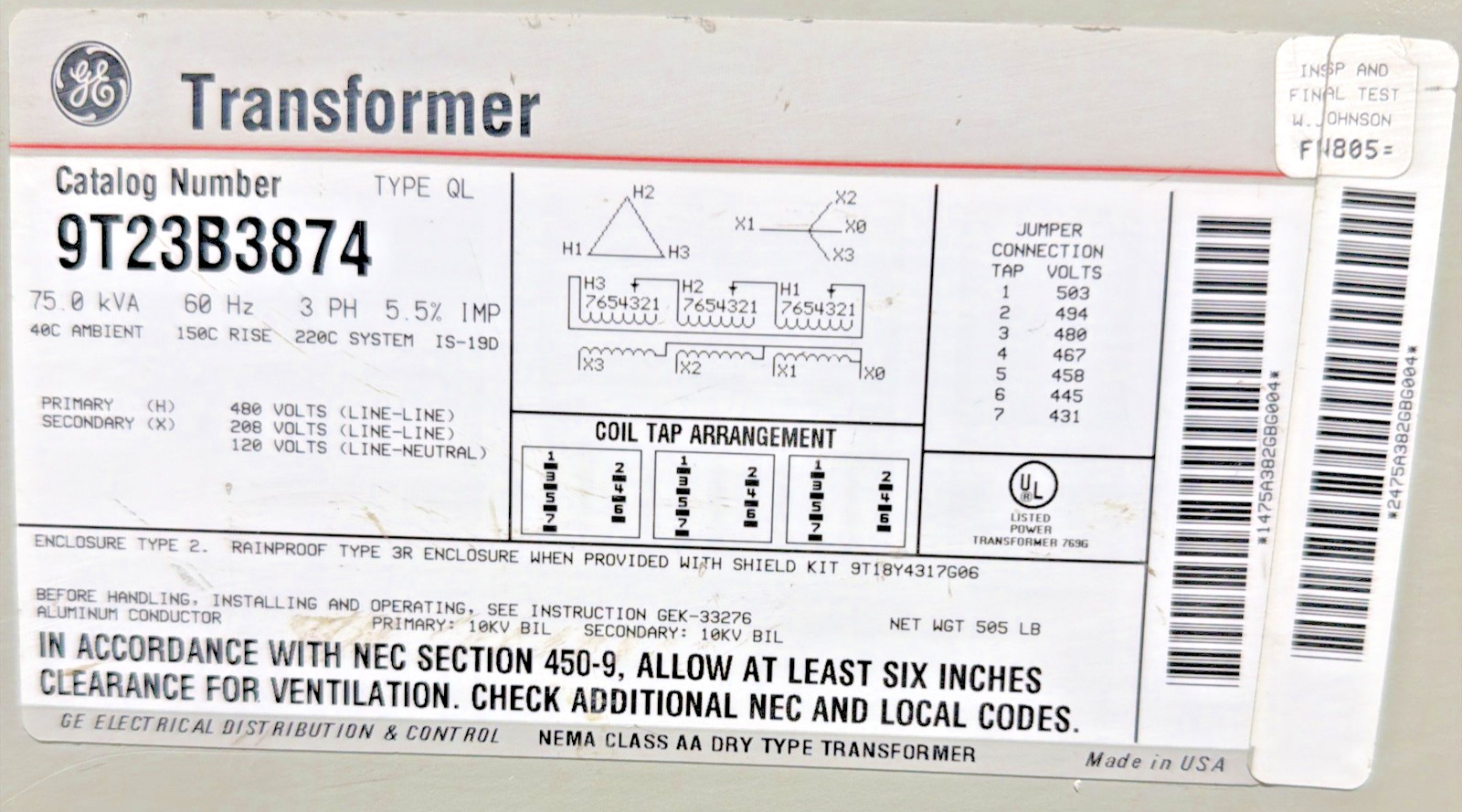 GE 75kVA 480V Transformer 3PH 60HZ 208Y/120V 9T23B3874 🟦