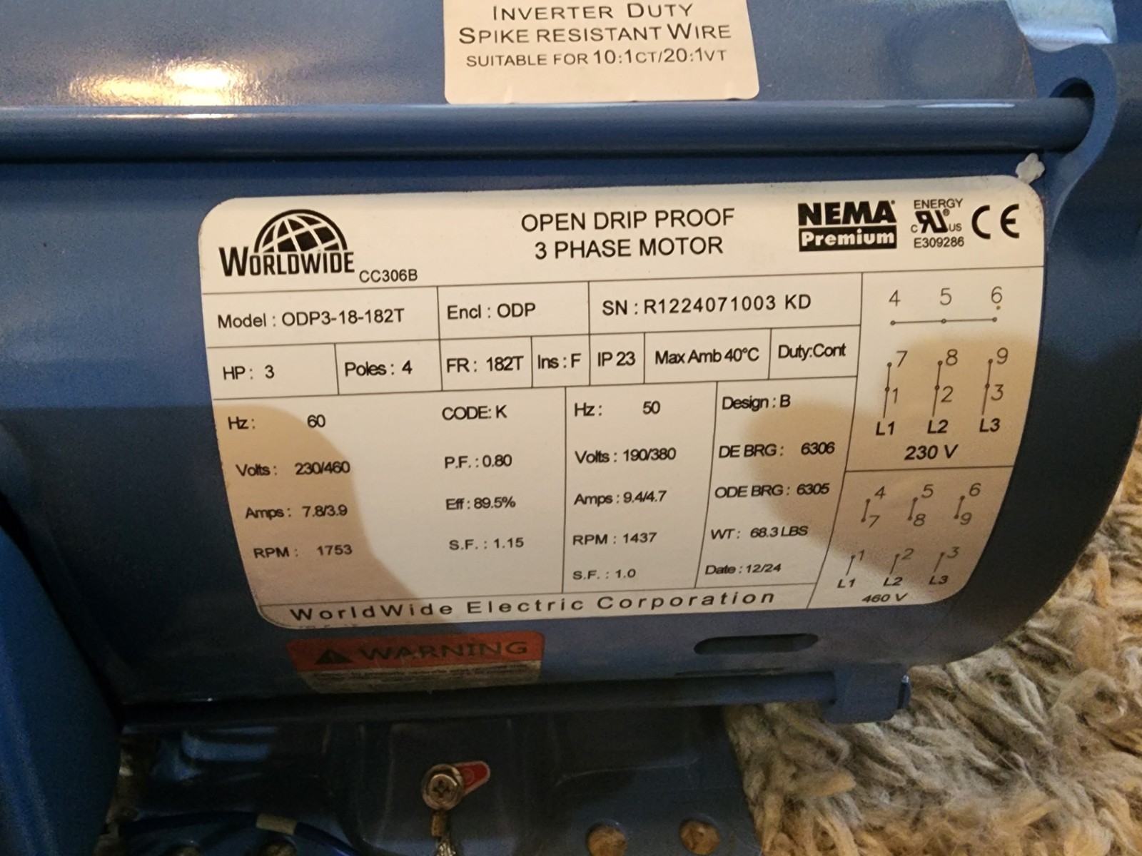 3 HP 3 Phase Electric Motor 1800 RPM 182T Frame ODP Open Drip Proof 230/460V