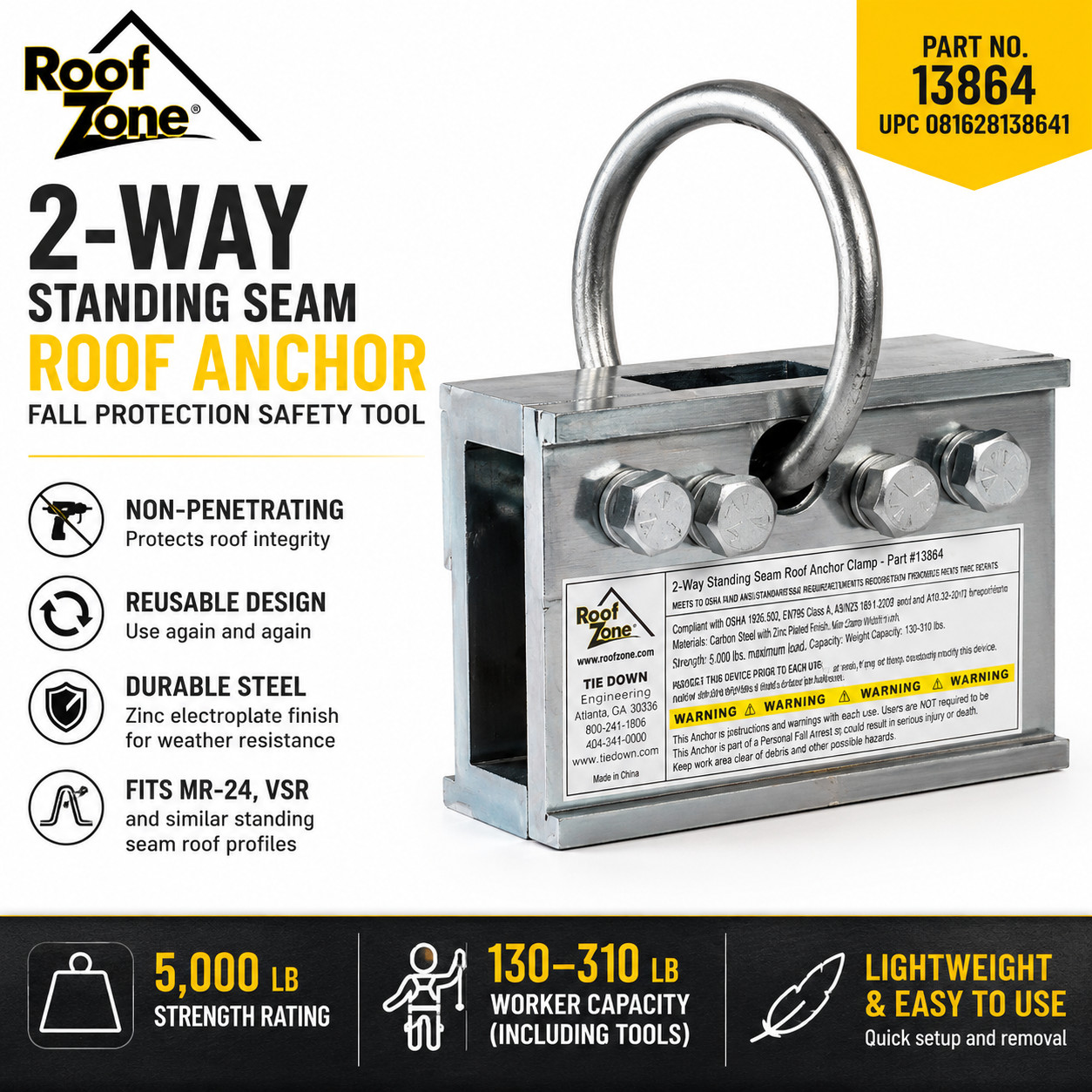 Roof Zone 13864 2-Way Standing Seam Roof Anchor Fall Protection Safety Clamp