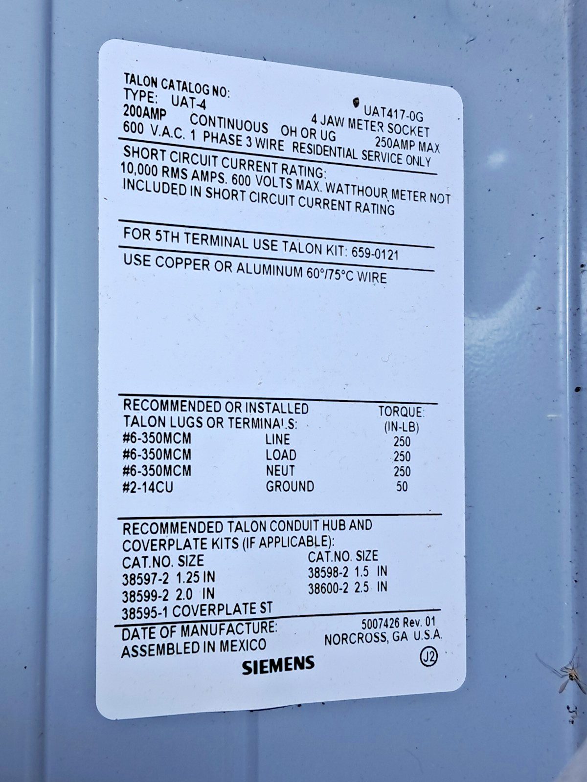 Meter Socket 200 Amps SIEMENS TALON UAT417-0G 600 VAC