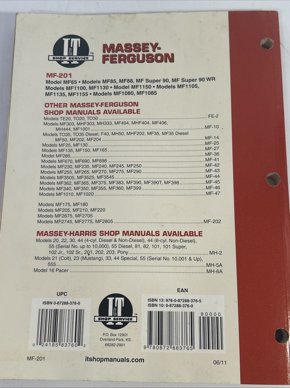 MASSEY- FERGUSON MF 201 Shop Manual Book MF 65, 85, 88 1080, 1085, 1100, 1130 +