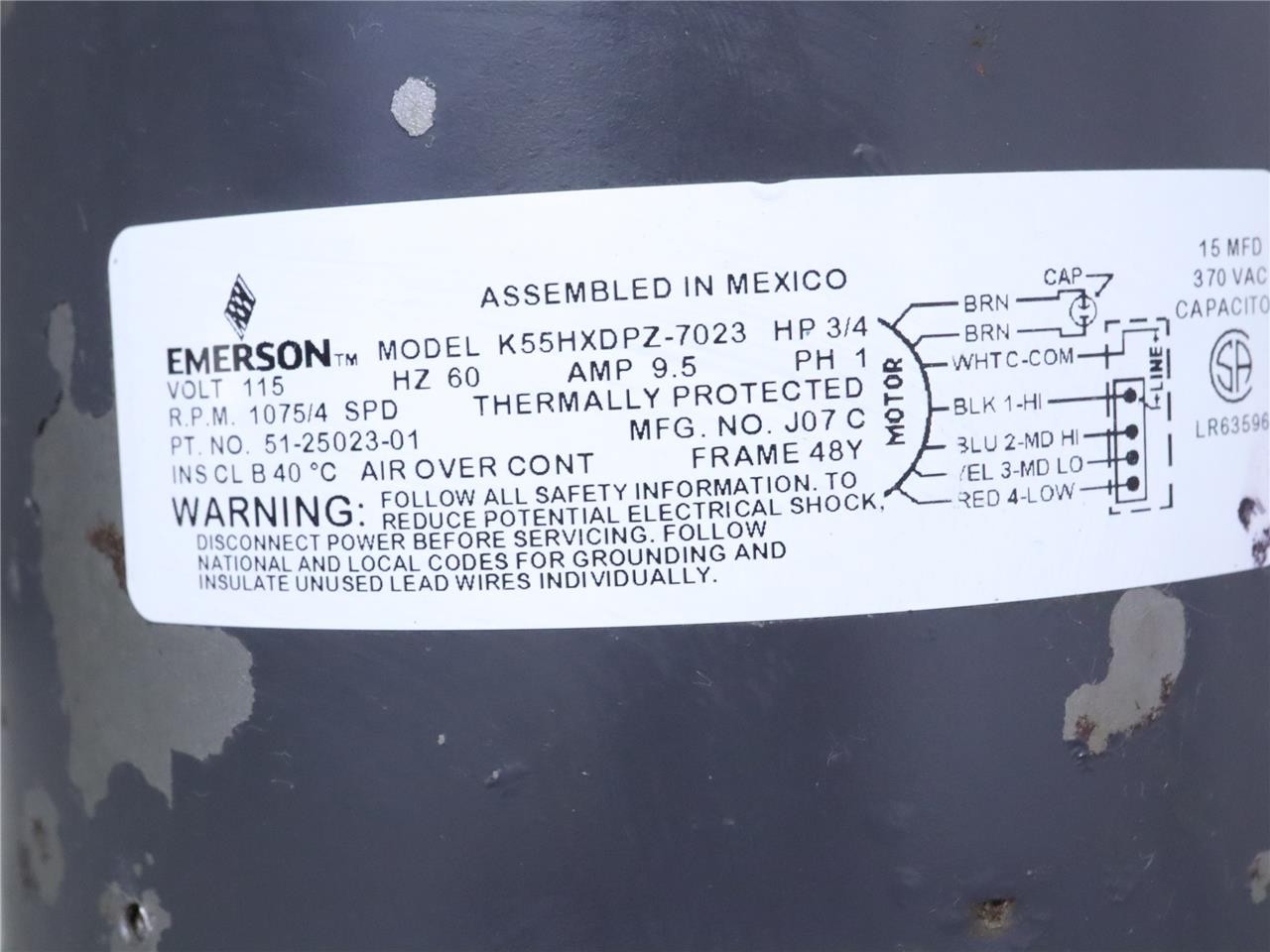 EMERSON K55HXDPZ-7023 Furnace Blower Motor 3/4HP 115V 1075RPM 4SPD 51-25023-01