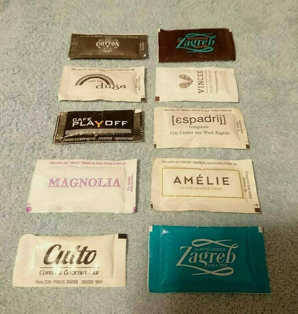 Set of 10 Different Unused Coffee & Tea Sugar Packets Bags pfrom ZAGREB, Croatia