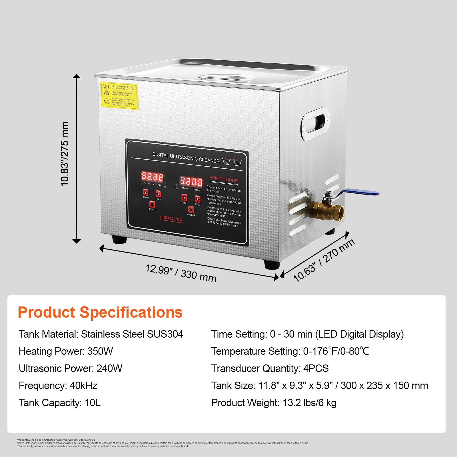 Uimoso 10L Ultrasonic Cleaner with Timer Heating Machine Digital Sonic Cleaner