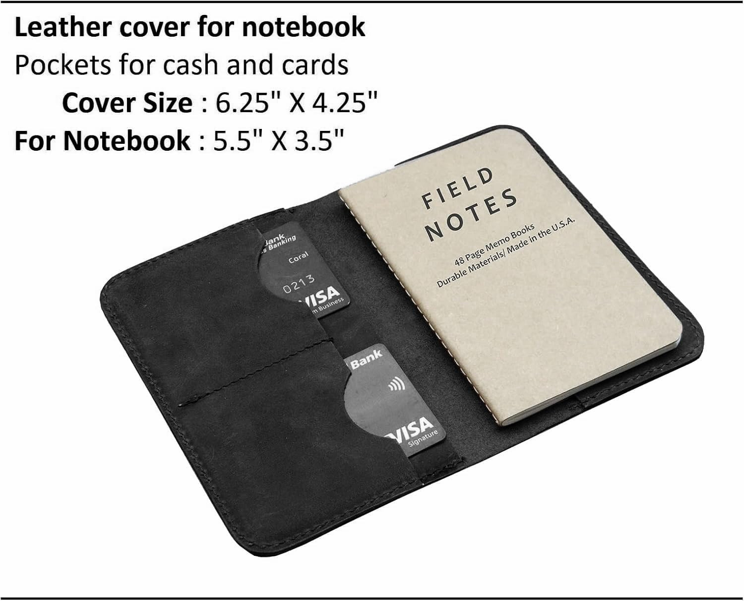Leather Journal Cover for Field Notes, Small Pocket Size Notebook 3.5″ X