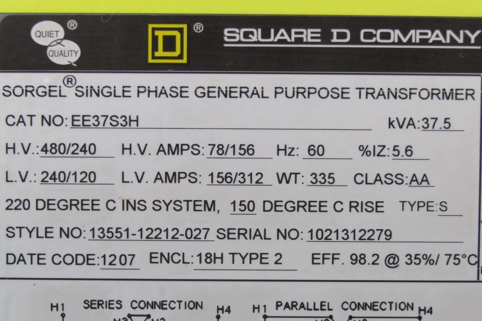 😏 NEW SQUARE D 37.5 kVA TRANSFORMER 480/240 VAC HI 240/120 VAC LO 1∅ EE37S3H