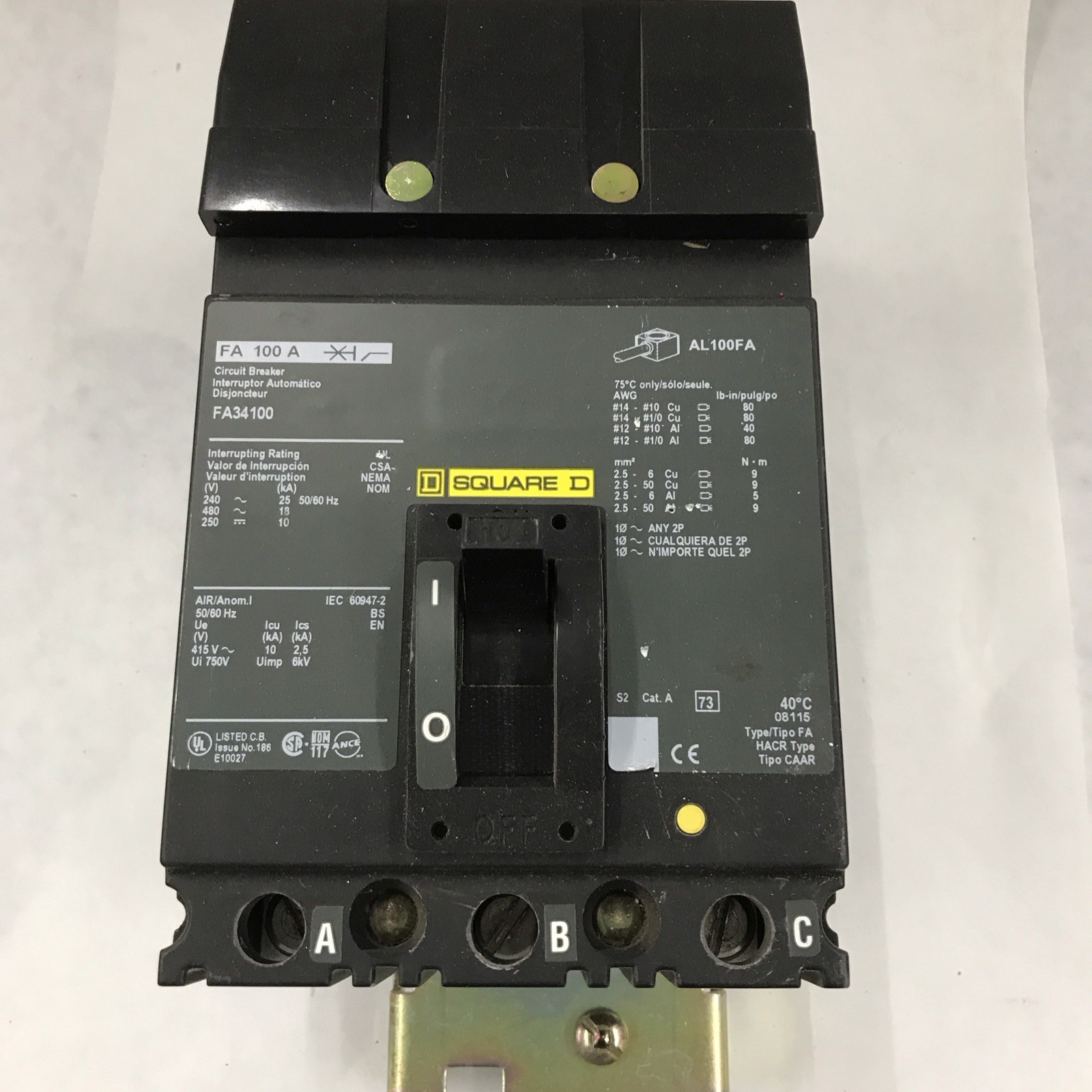SQUARE D FA34100 FA I-LINE 3 POLE 100 AMP 480v CIRCUIT BREAKER