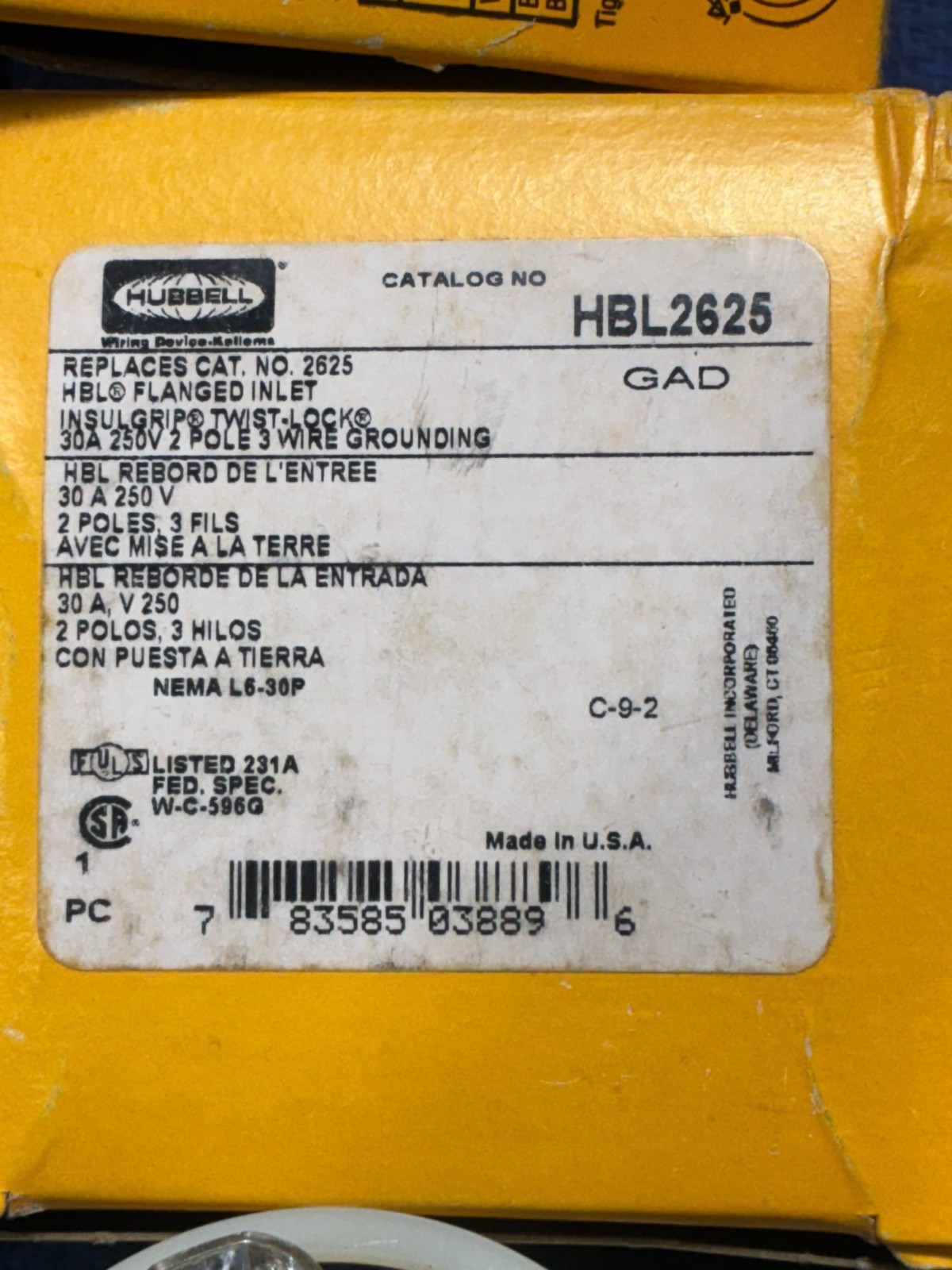 JUST 1 HUBBELL HBL2625 Flanged Locking PLUG Inlets 30A 250V 2 Pole 3 Wire