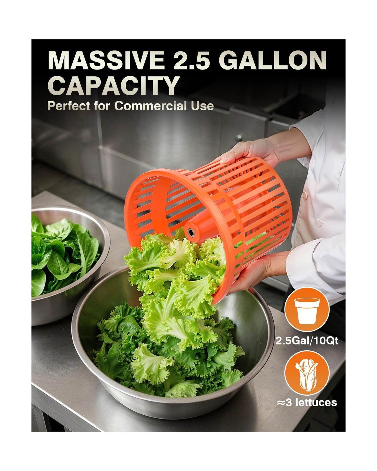 Salad Spinner, 2.5Gal Dryer w/ Alum Handle & Drain, 10Qt, for 3 Heads