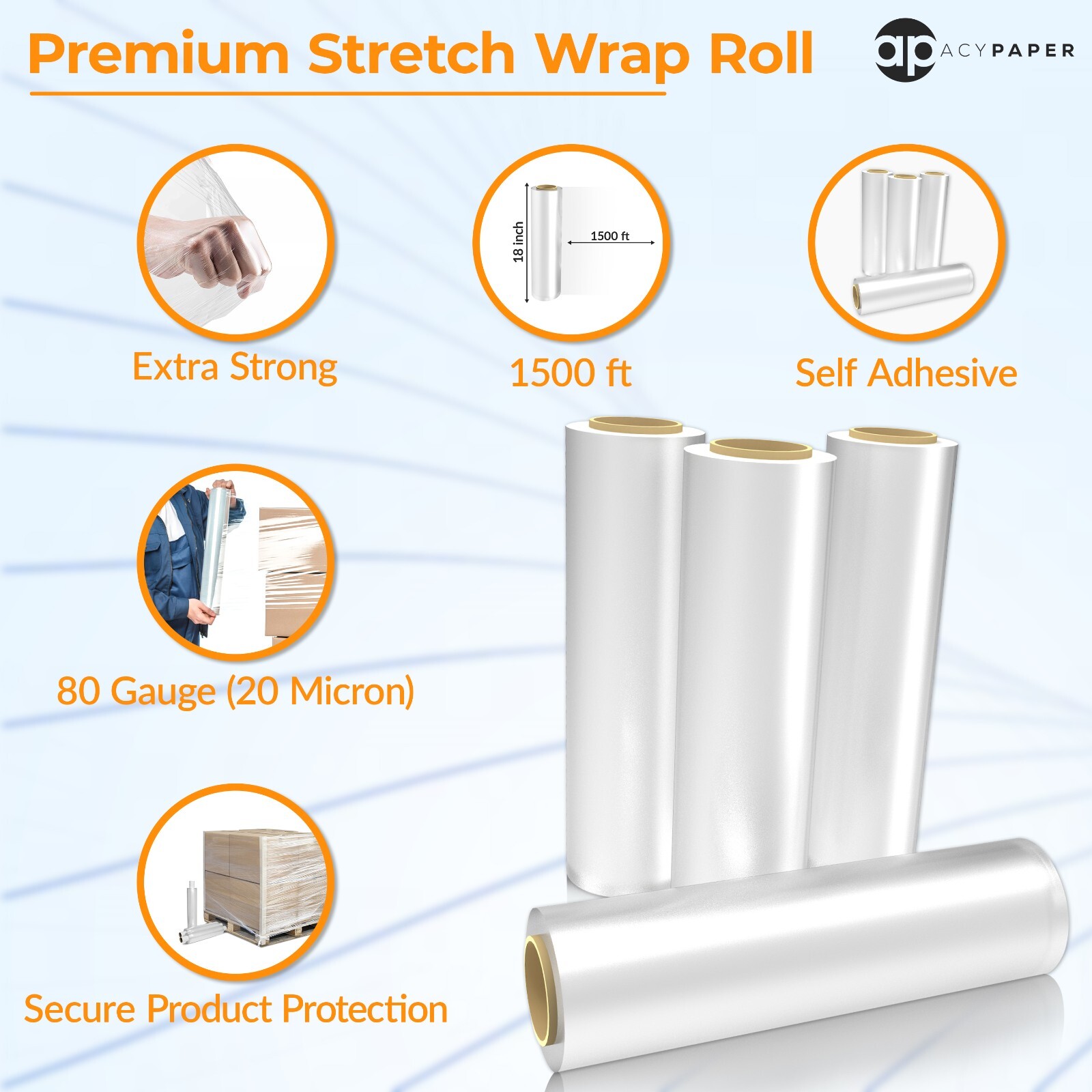 ACYPAPER Clear Stretch Wrap 18 x 1500′ 80 Gauge (240 Rolls/Pallet)