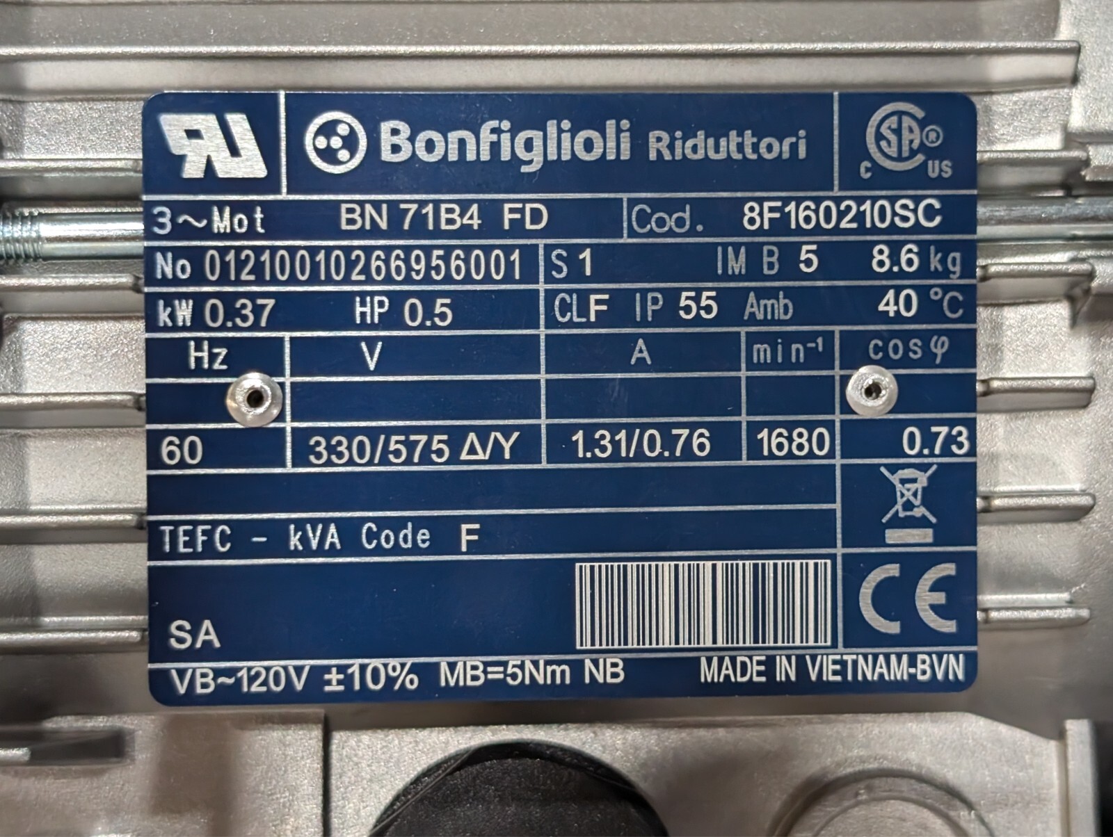 NEW BONFIGLIOLI 0.37kW 0.5hp 3PH brake MOTOR Voltage 330/575V 60Hz IP55