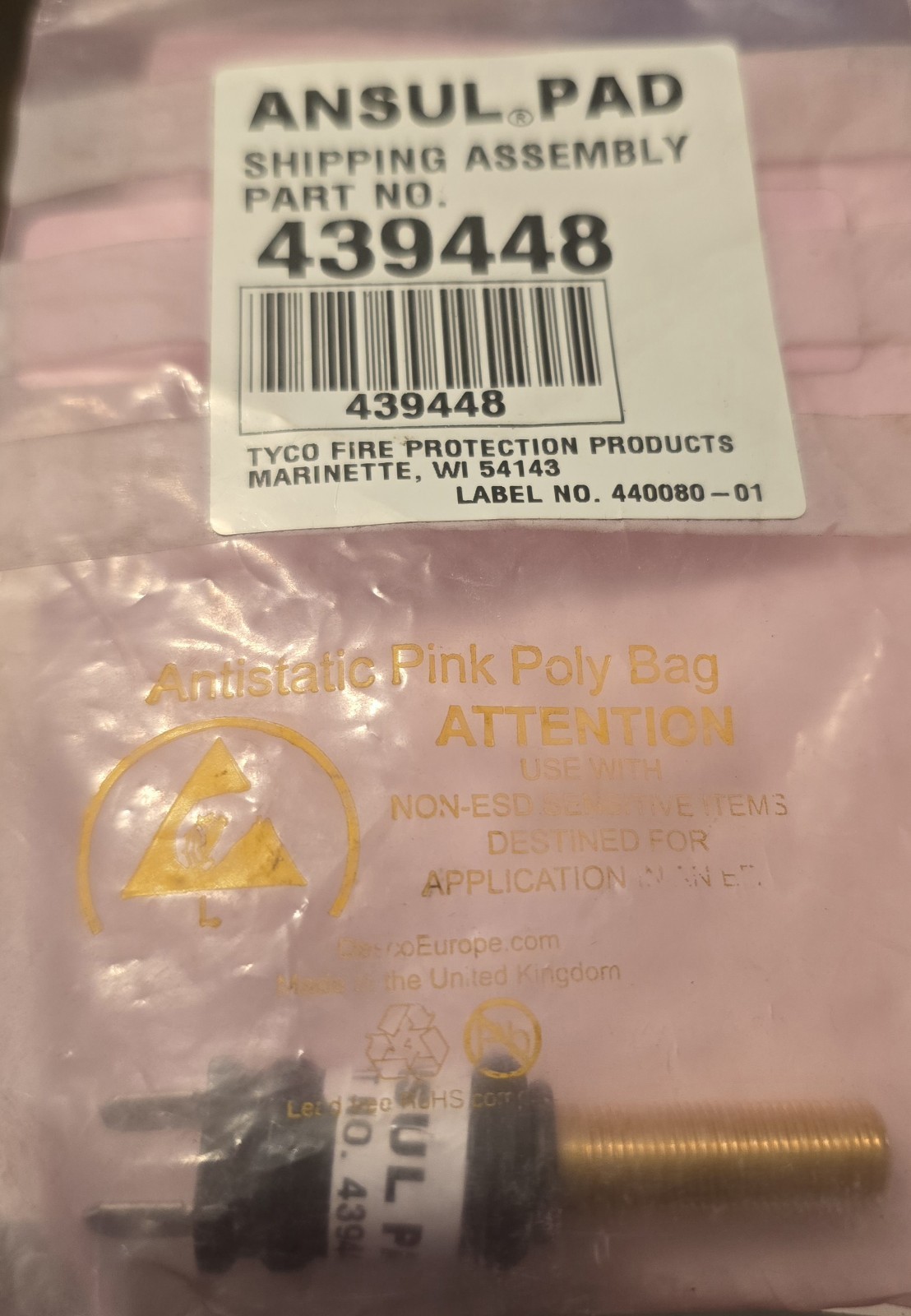 ANSUL, 439448, PAD Protracting Actuation Device, Fitting, Sbwh-dd47-bb.yy