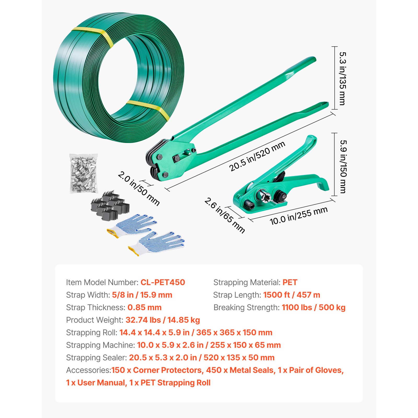 Uimoso 5/8″ 1500ft Banding Strapping Kit PET Strap,450 Seals,150 Edge Protectors