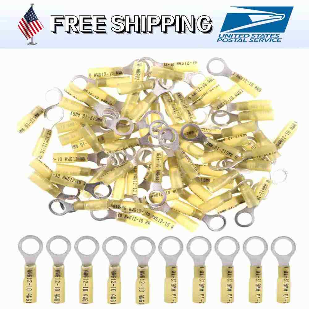 500/50Pcs 12-10AWG Waterproof Wire Crimp Connector Heat Shrink Ring Terminal M10