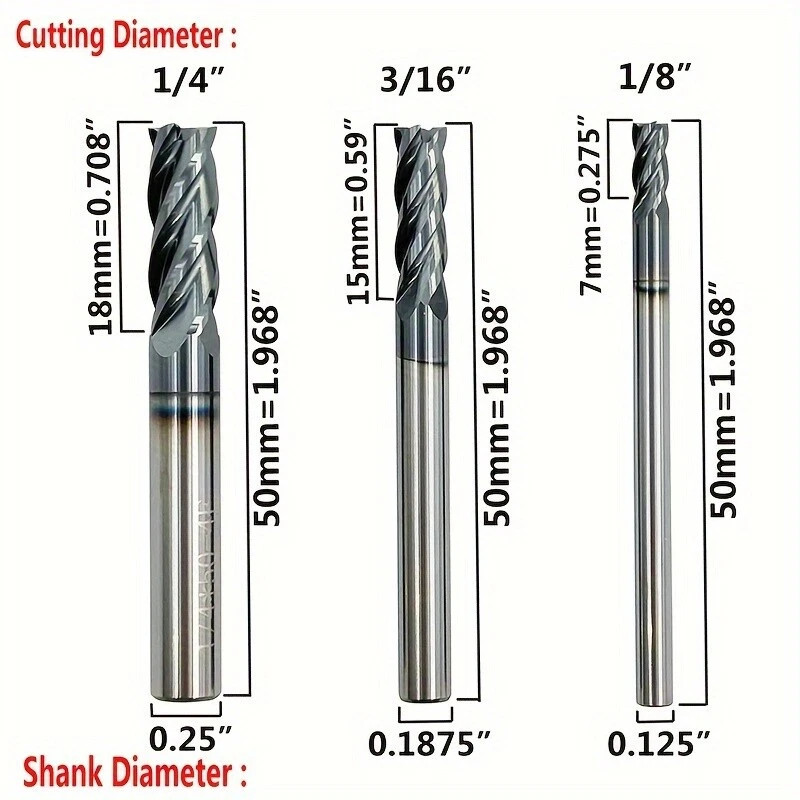 6PCS Carbide 4 Flute End Mill Set 6 Sizes 1/8-1/2″ Square AlTiCrN Coated