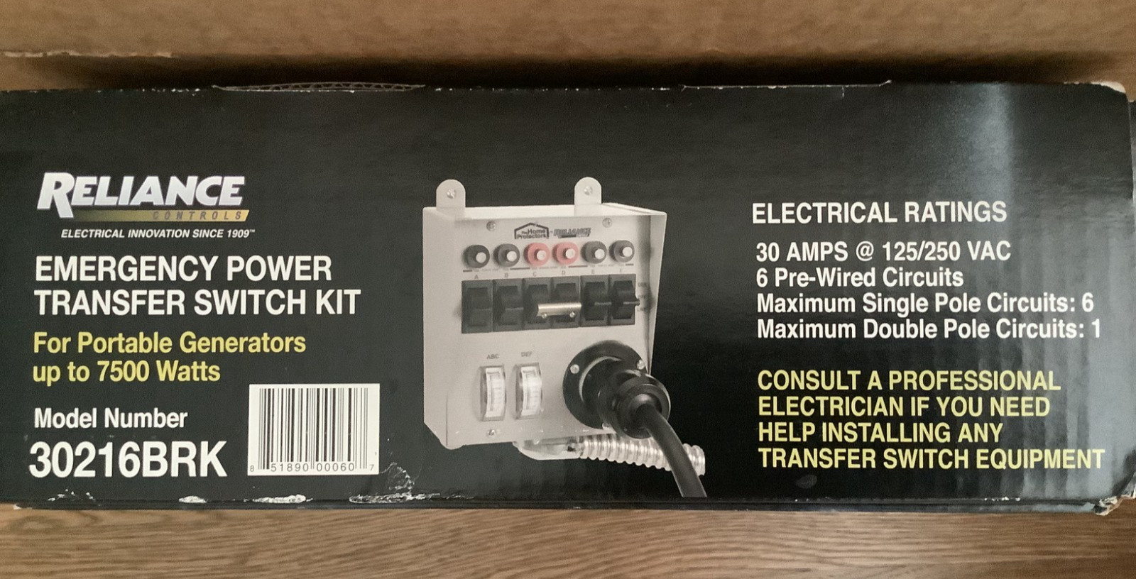 Reliance Controls 30216BRK 30A 6-Circuit 7500W Generator Transfer Switch Kit New