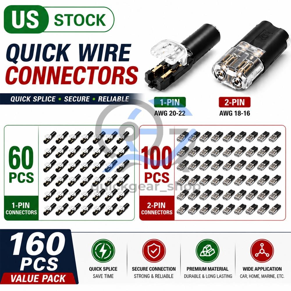 160PC Plug-In Quick Wire Connector Kit 1-Pin 2-Pin Reusable Clamp Terminal Block