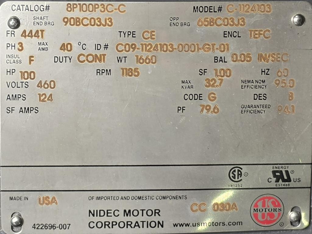 U.S. 100 HP 1200 RPM TEFC 460 VOLTS 444T FRAME IEEE841 3 PHASE MOTOR 8P100P3C