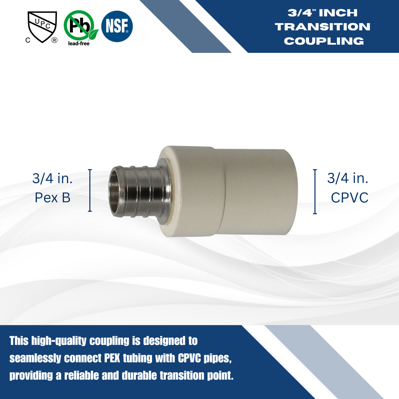 10 PIECES 3/4″ PEX X 3/4″ CPVC TRANSITION COUPLING ADAPTER (LEAD FREE BRASS