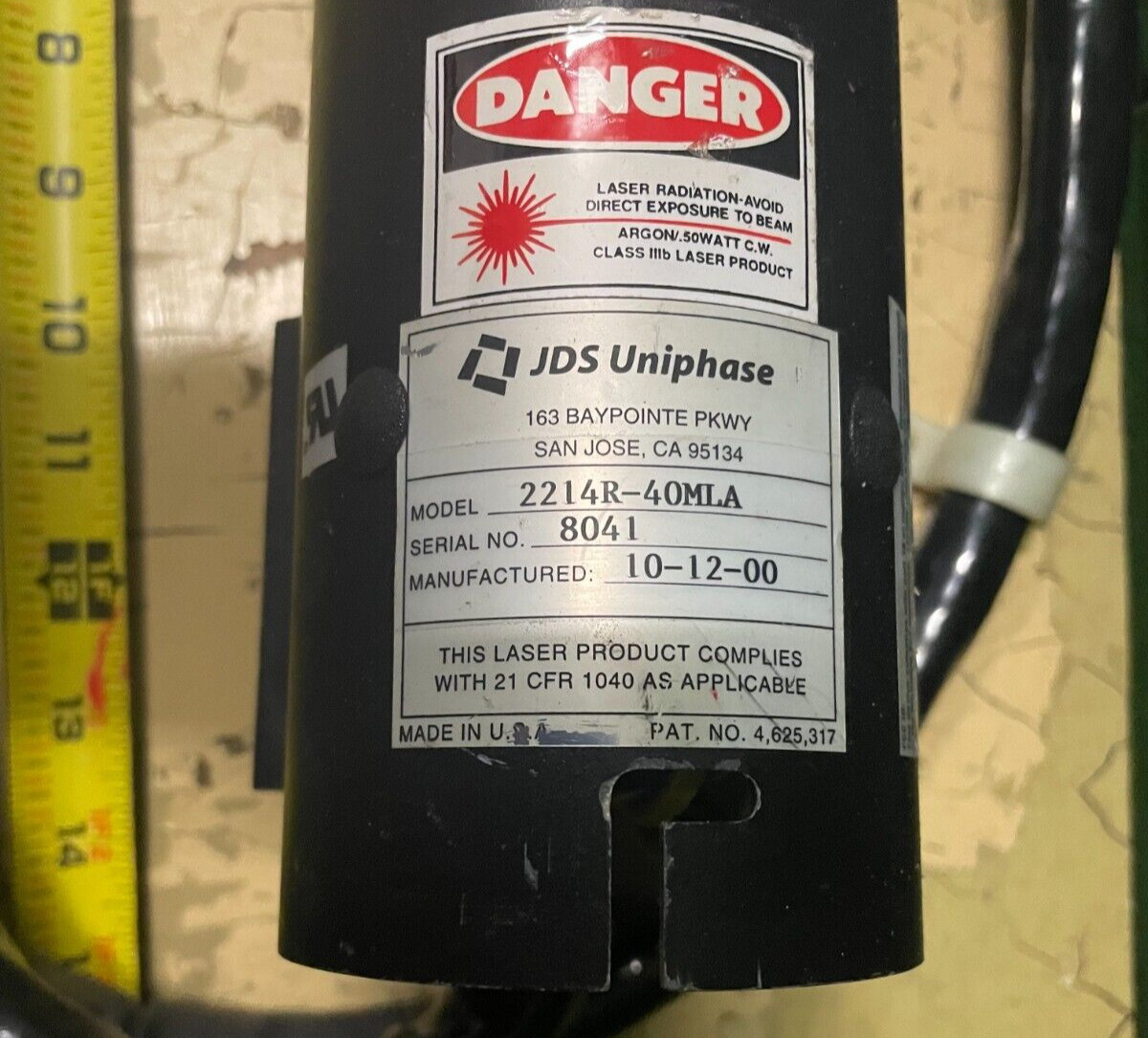 JDS Uniphase 2214R-40MLA Class IIIb Continuous Wave Argon Laser Head