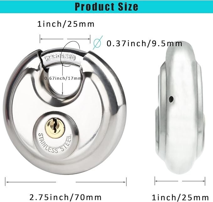 2 Pack 70mm Stainless Steel Armor Trailer Round Padlock / Shielded Shackle Key