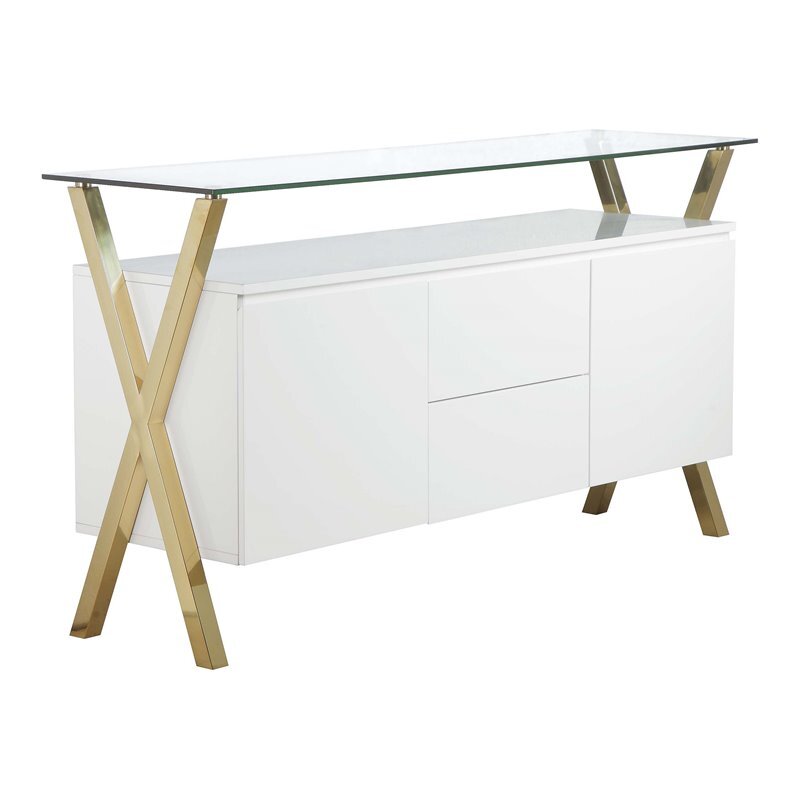 Pangea Home Beverly Modern Glass & Polished Steel Buffet in Gold/White and Clear