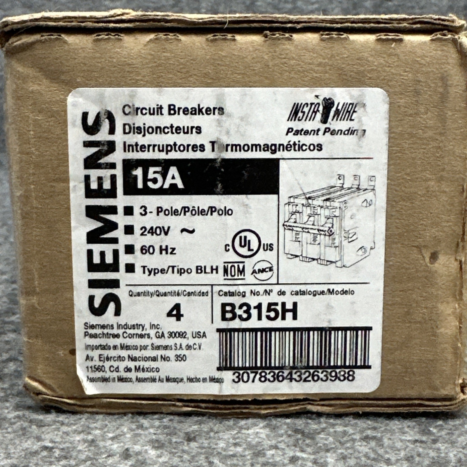 Siemens 3 Pole 15A B315H BLH 240V Circuit Breaker 22kA HACR Bolt On