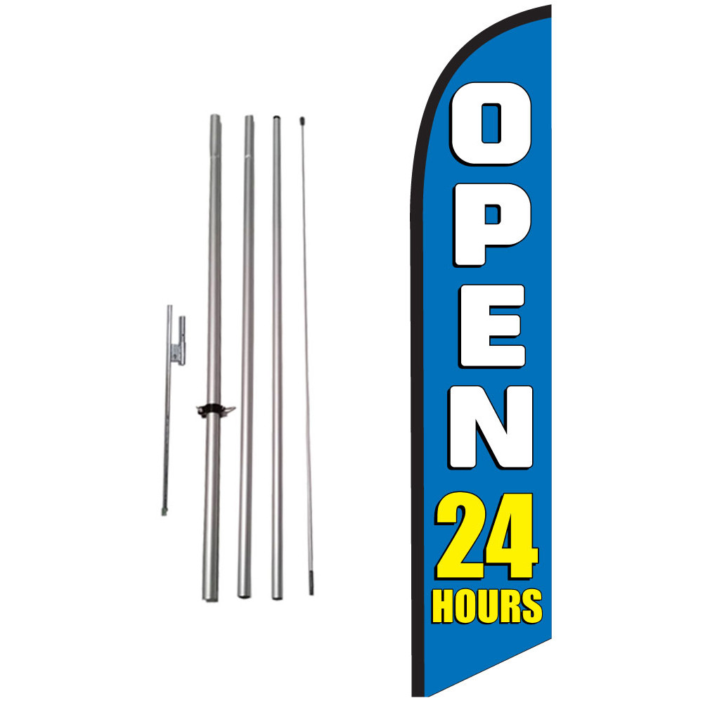 Open 24 Hours (blue) 15′ Feather Banner Swooper Flag Kit with pole+spike