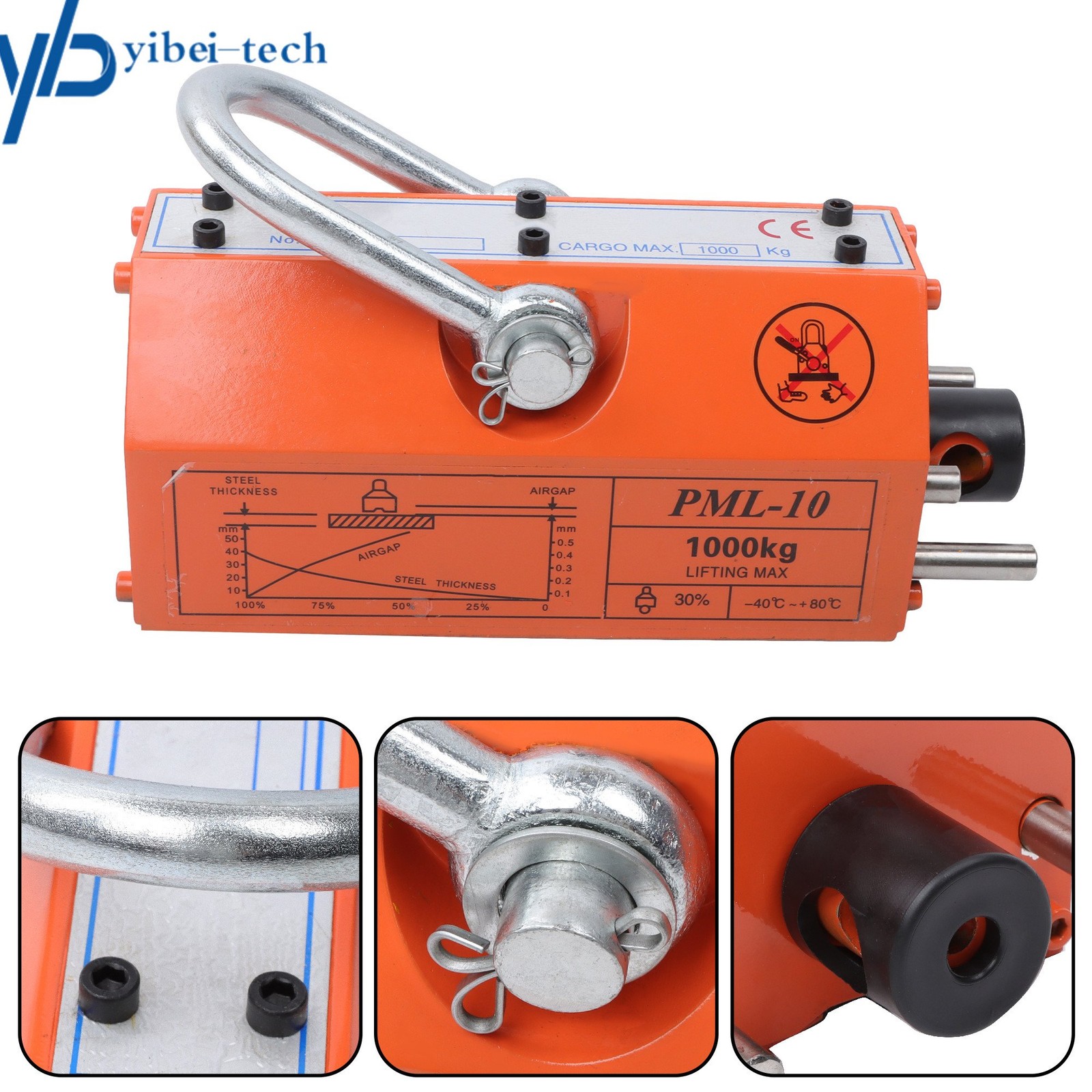 2200lbs/1000kg Permanent Magnetic Lifter Lifting Magnet Neodymium Hoist Orange
