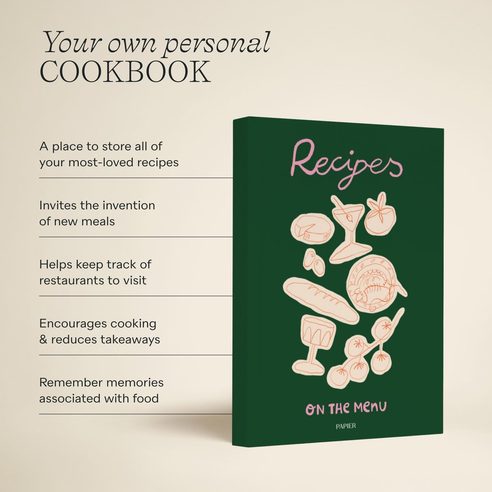 Papier Al Fresco Recipe Journal – Hardback | A5 – 8.46″L x 6.02″W, Green