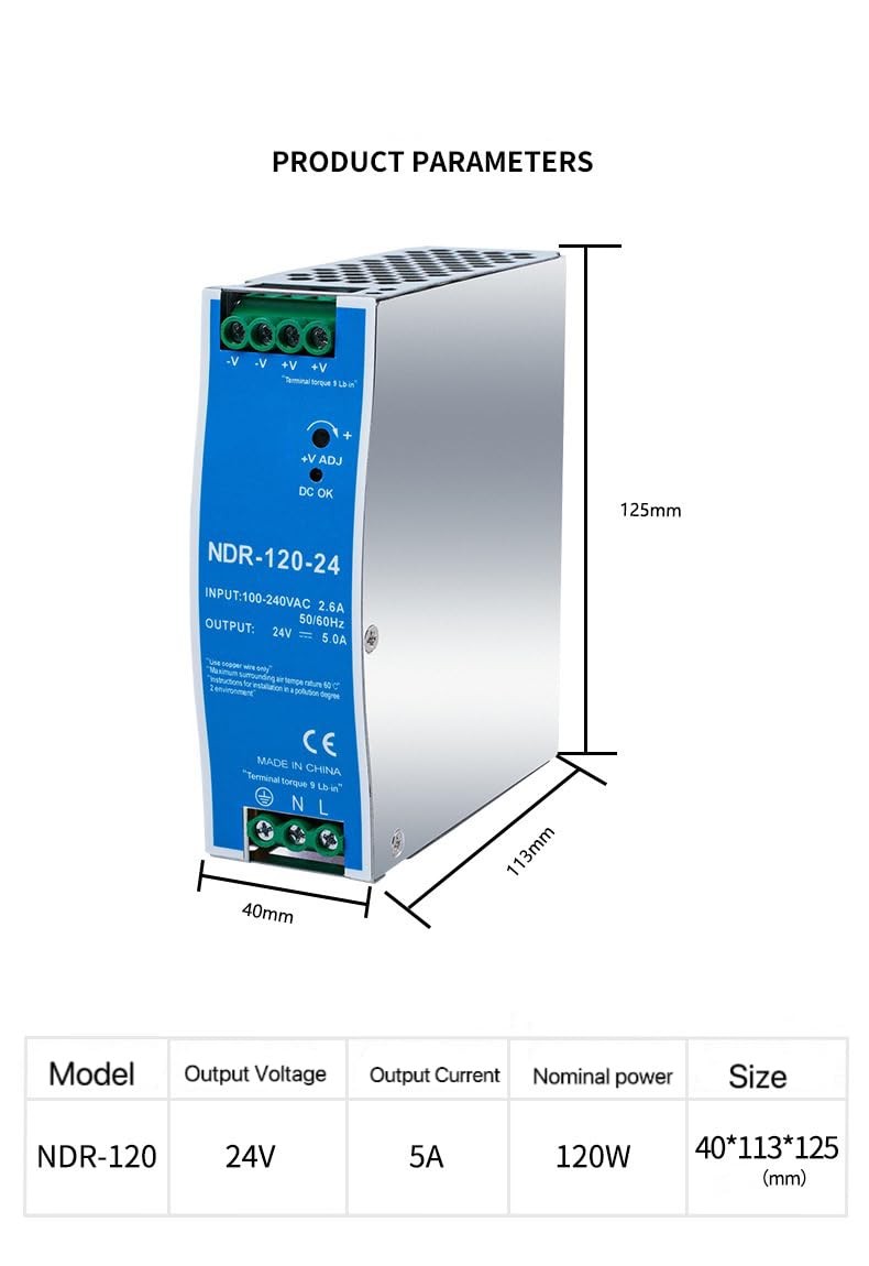 24V 5A 120W DIN Rail Power Supply NDR120-24 with Dual Output 120vac to 24vdc