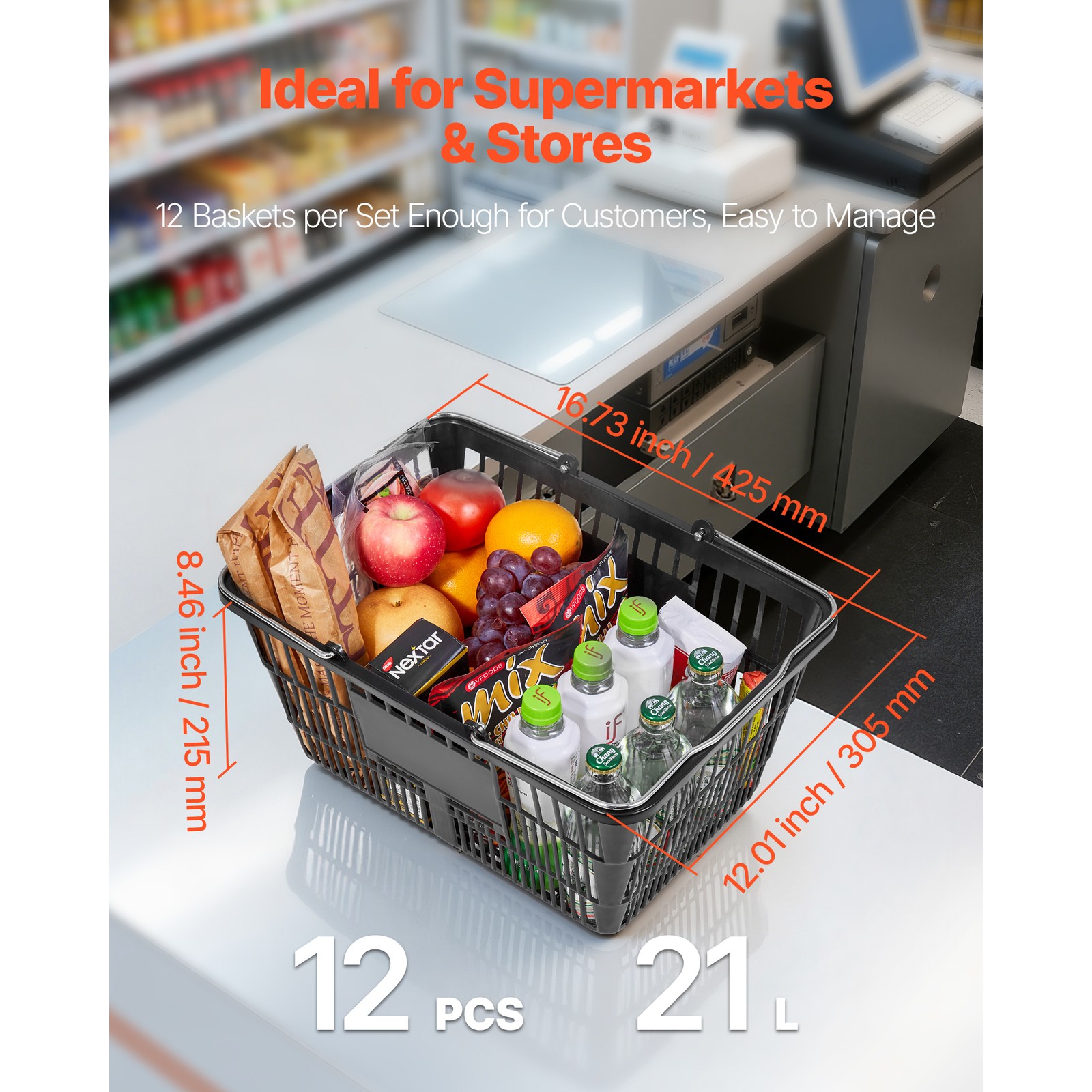 Uimoso Set of 12 Stackable Black PE Shopping Baskets with Handles for Groceries