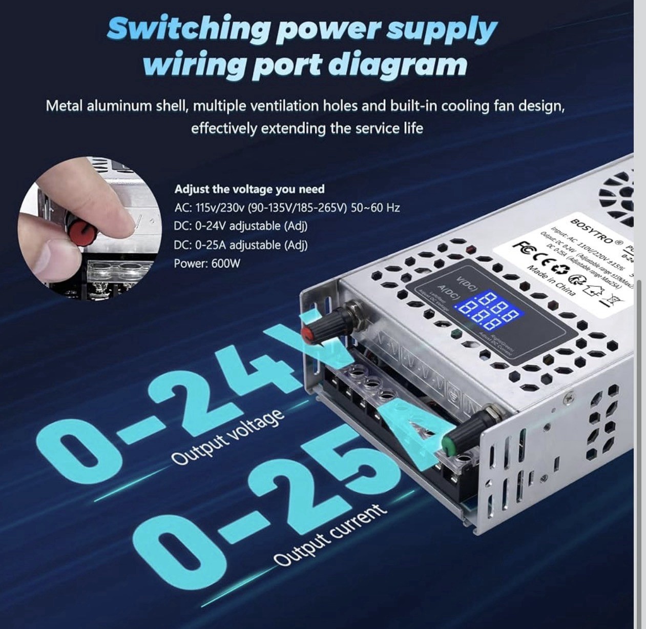 24V Adjustable DC Switching Power Supply 600W AC 110V/220V-DC 0-24V Converter