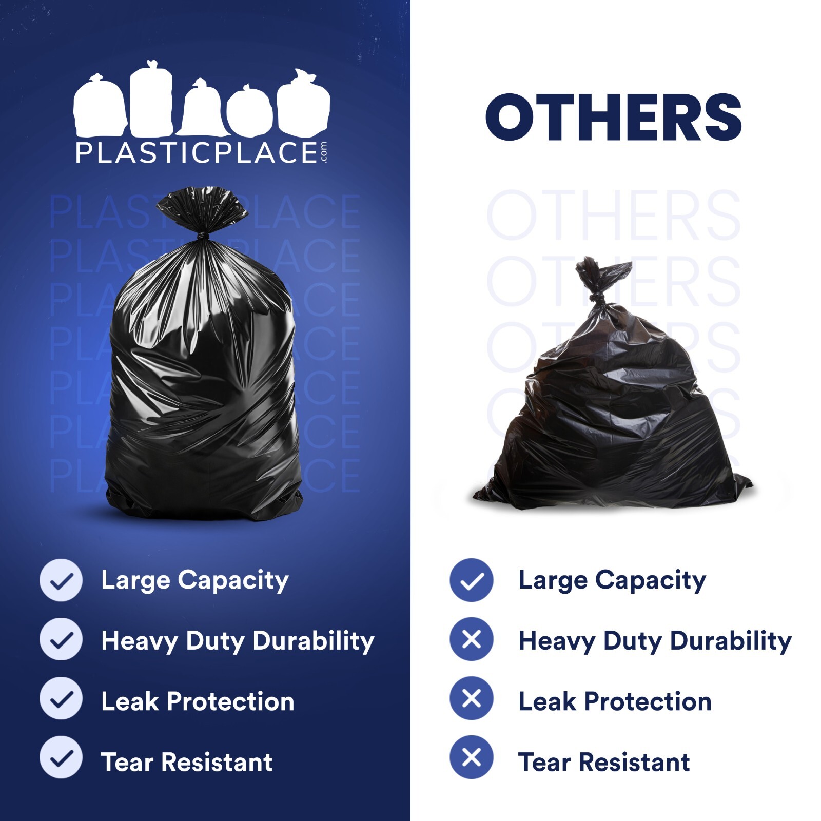 Plasticplace 55-60 Gallon Trash Bags – Black, Case of 50 Garbage Bags