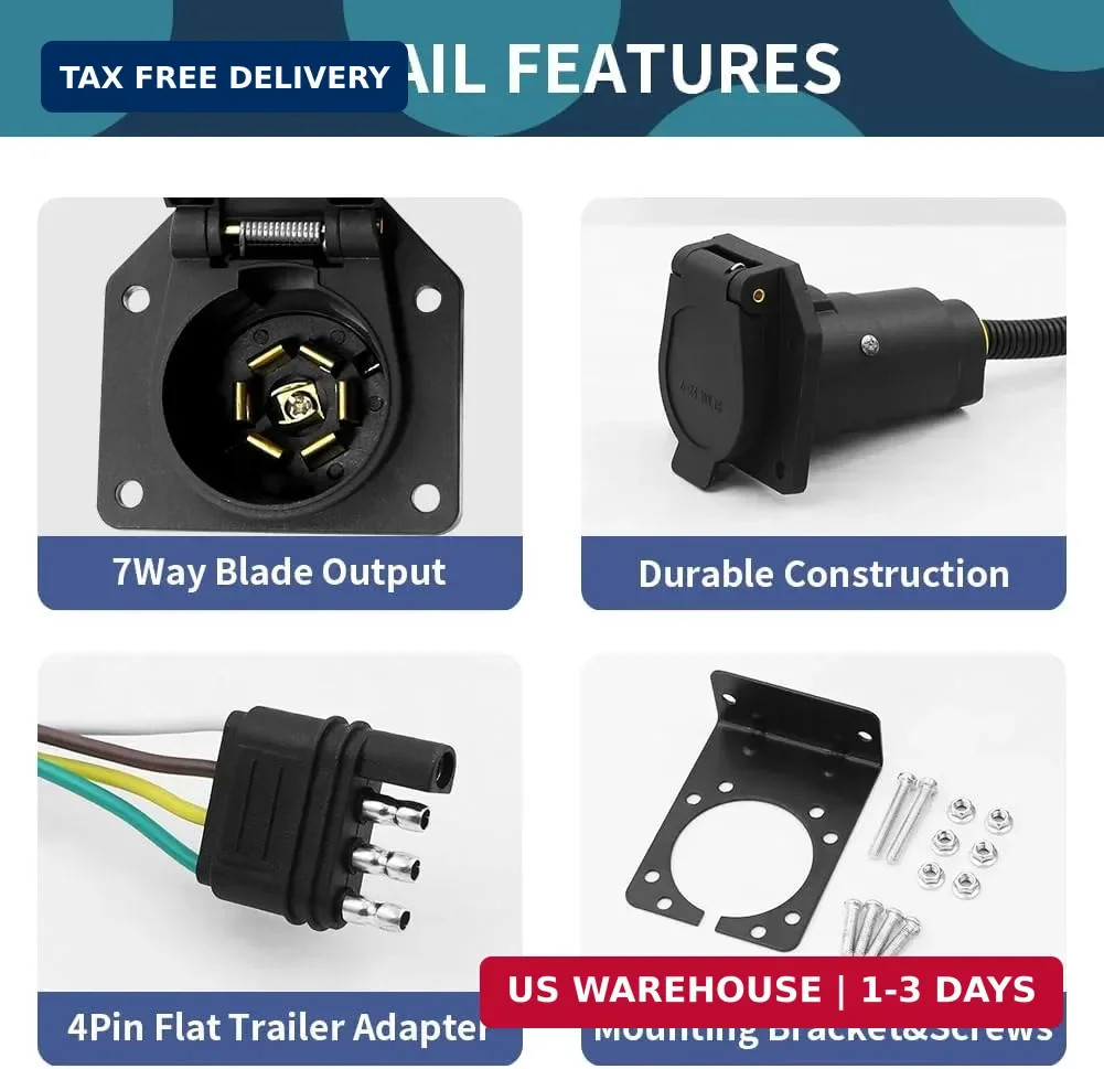 4 Pin to 7 Way Adapter Trailer Kit with Mounting Bracket,4 Way Flat to 7 Way Lig