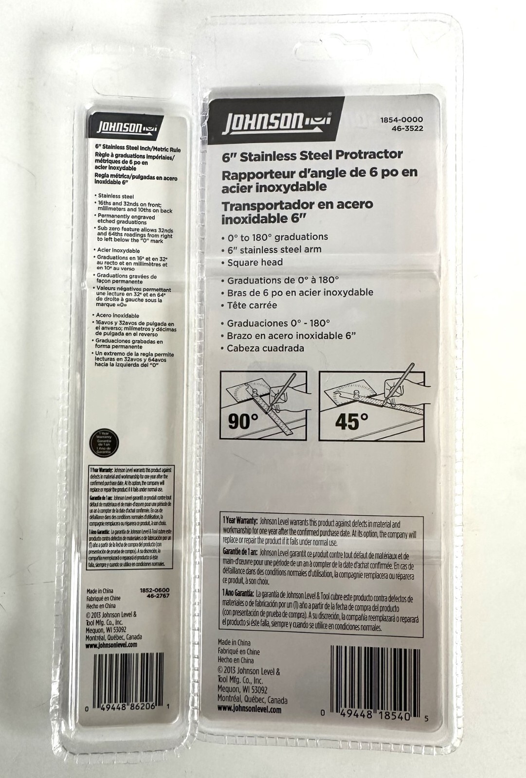 JOHNSON 6″ STAINLESS STEEL PROTRACTOR and 6″ SS RULER 1854-0000 1852-0600