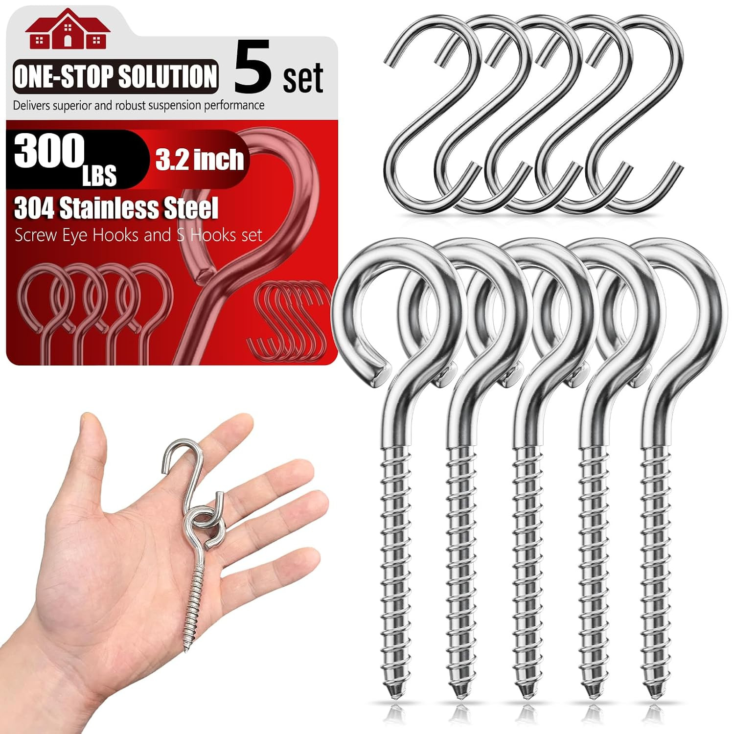 300LBS Heavy Duty 3.2 Inch 304 Stainless Steel Screw Eye Hooks with 5 S-Hooks, S