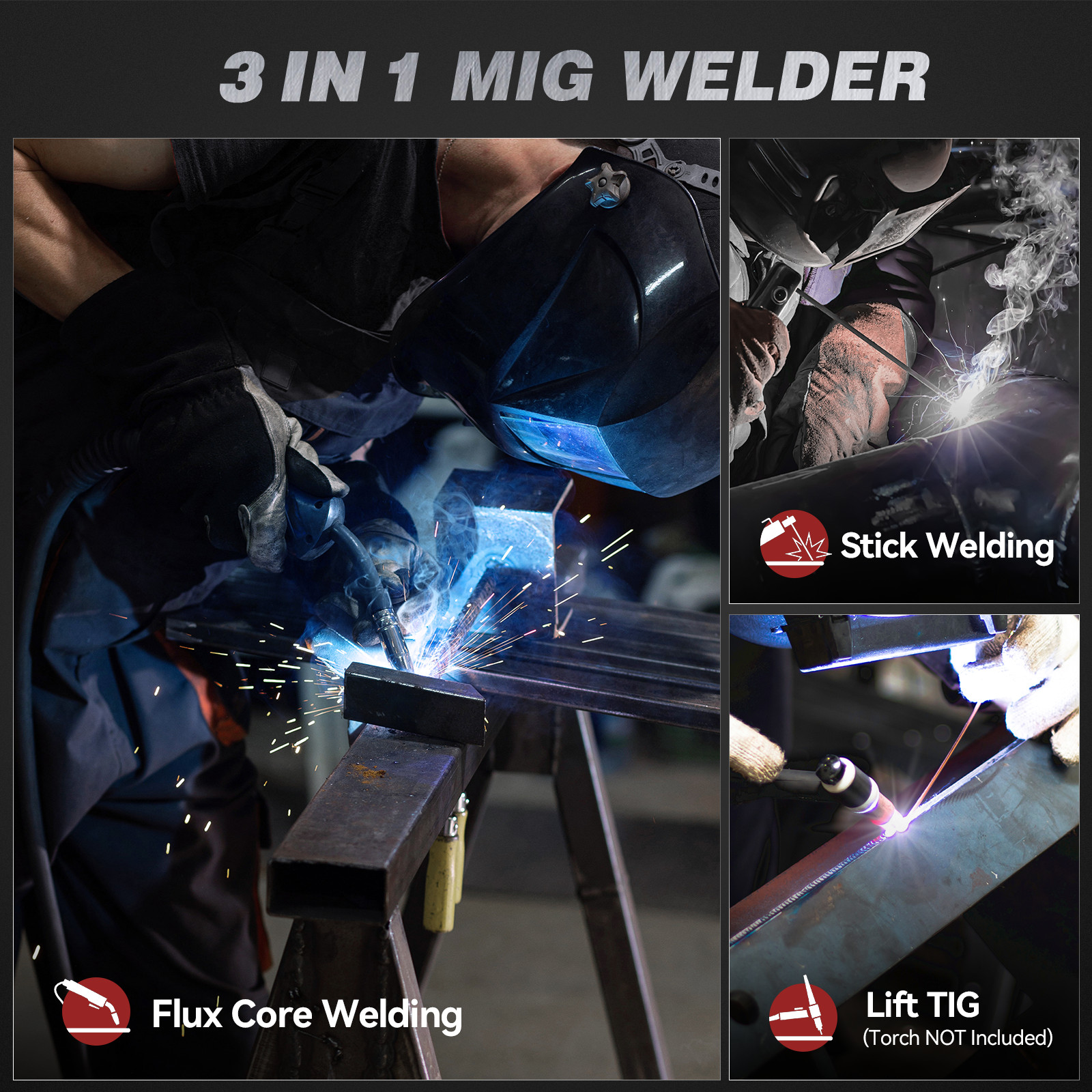 ARCCAPTAIN iControl 145A Pro MIG Welder 3 in 1 Flux Core/Lift Tig/Stick Gasless