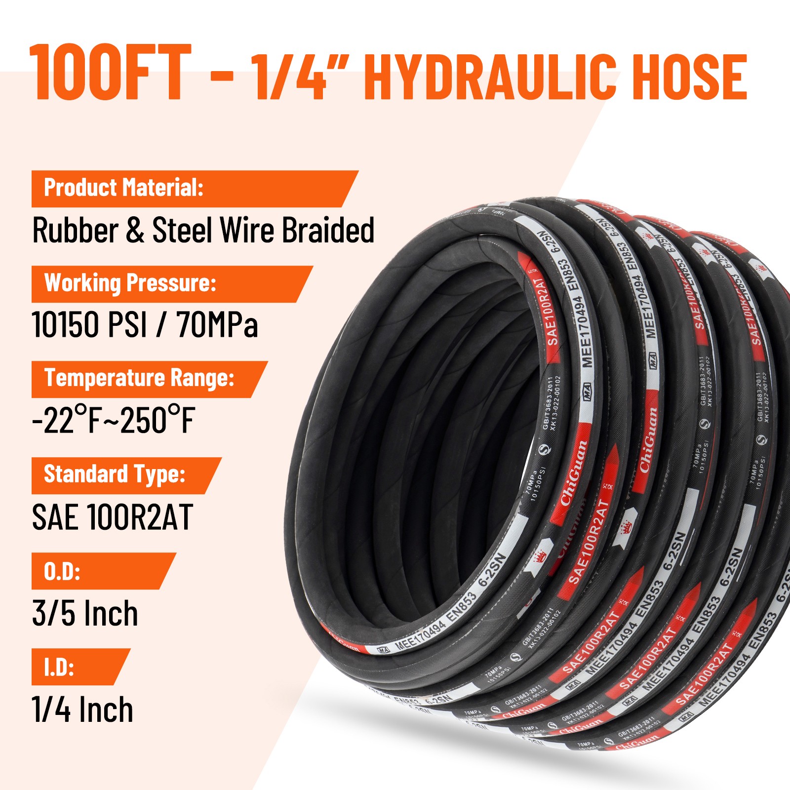 100′ 1/4″ HYDRAULIC HOSE TWO WIRE HOSE FLEXIBLE 70MPa / 10150PSI WITH 24 FITTING