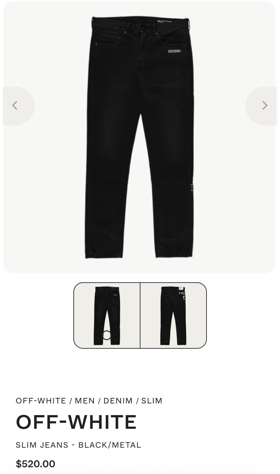 OFF-WHITE Virgil Abloh Diagonal Pocket Slim Jean Black Men’s Size 32 OMYA011E20